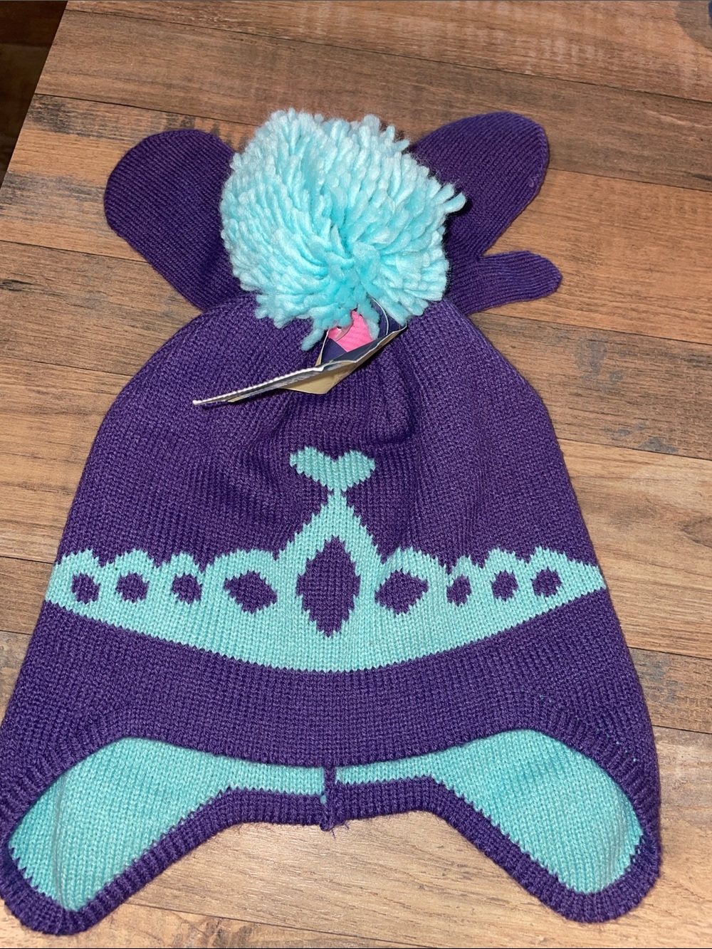 NWT winter earflap hat, knitted tiara design and a light blue pom-pom & mittens